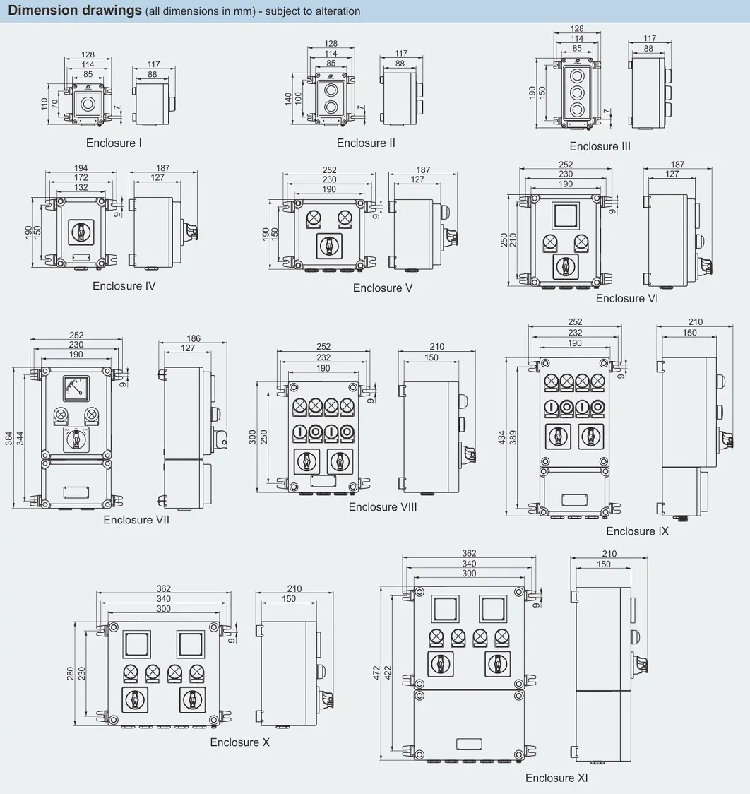 ابعاد دقیق جعبه کنترل ضد انفجار LCS سری BZC8050 بدنه آلومینیومی- آکوتجهیز