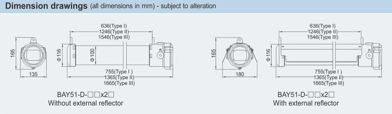 ابعاد فلورسنت ضد انفجار BAY51-D برند WAROM شامل قطر 1665 میلی‌متر، ارتفاع 180 میلی‌متر و عمق 165 میلی‌متر است.