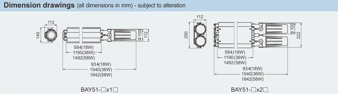 ابعاد چراغ فلورسنت ضد انفجار BAY51 با بدنه آلومینیومی مقاوم برای صنایع پرخطر
