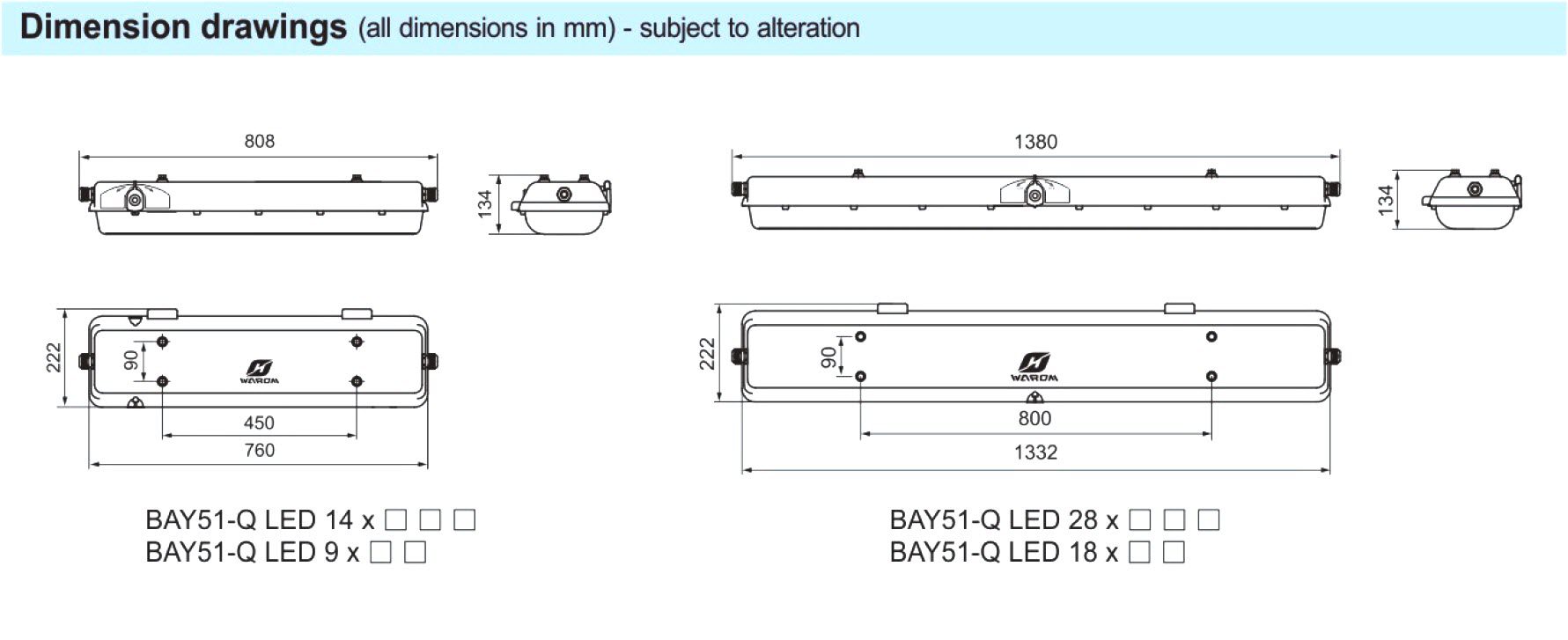 ابعاد چراغ LED ضد انفجار BAY51-Q-LED با بدنه پلاستیکی مقاوم