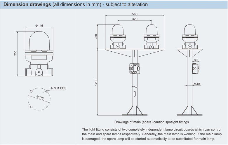 ابعاد چراغ آلارم ضد انفجار زون 1 سری BJD81 با طراحی مقاوم و استاندارد صنعتی