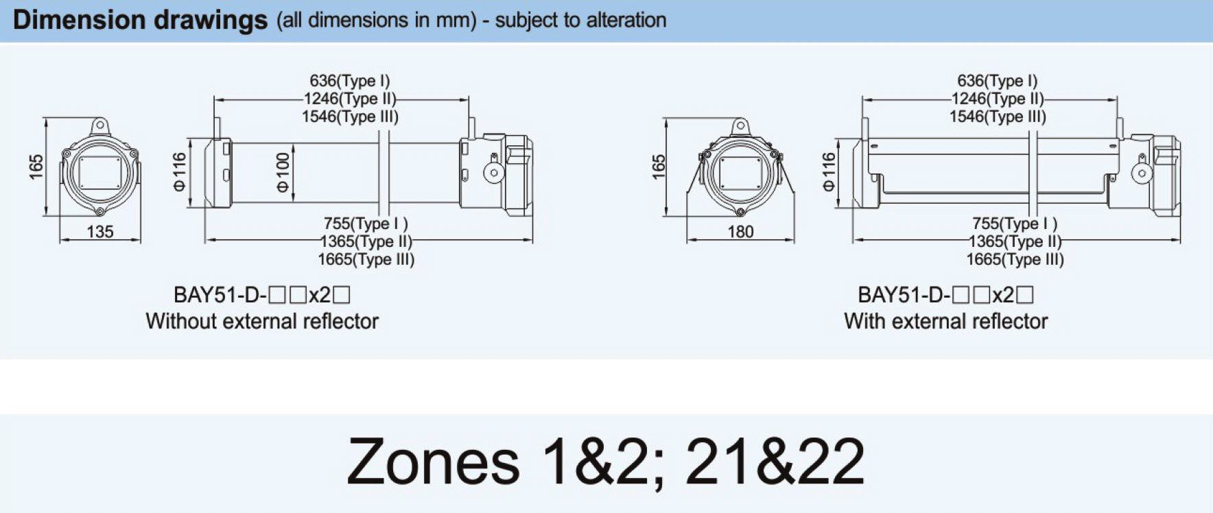 ابعاد دقیق مهتابی LED ضد انفجار BAY51-D LED- آکوتجهیز