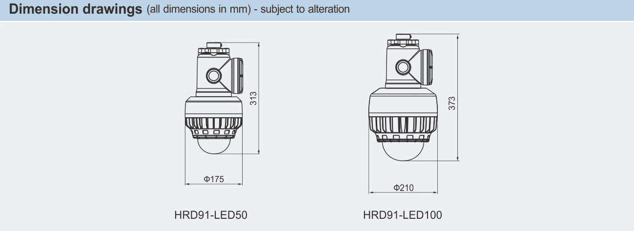 ابعاد دقیق چراغ LED ضد انفجار HRD91-LED مناسب نصب در زون‌های صنعتی پرخطر 