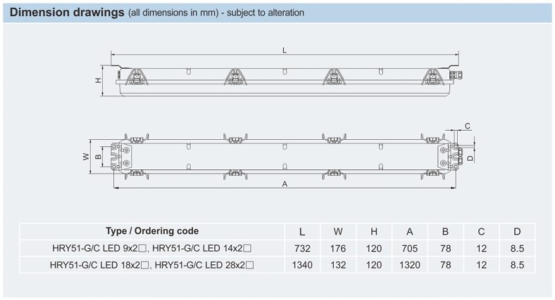ابعاد چراغ ضد انفجار HRY51-G/C برند Warom با اندازه‌های دقیق و مشخصات فنی