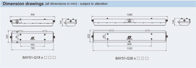 ابعاد چراغ فلورسنت ضد انفجار BAY51-Q برند وارم برای نصب در مناطق صنعتی