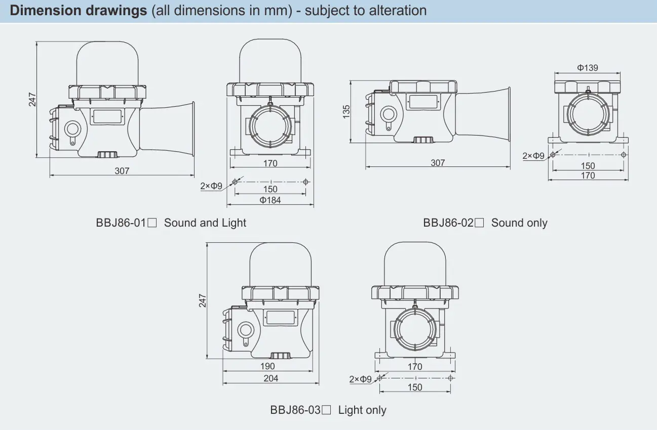 ابعاد فیتینگ چراغ هشدار صوتی و نوری ضدانفجار سری BBJ86 به صورت دقیق و کامل